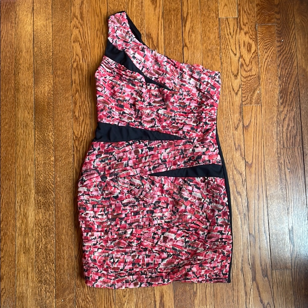 Vintage MetroPark Dress; Size L. One-Shoulder Floral Pink and Black Party Dress